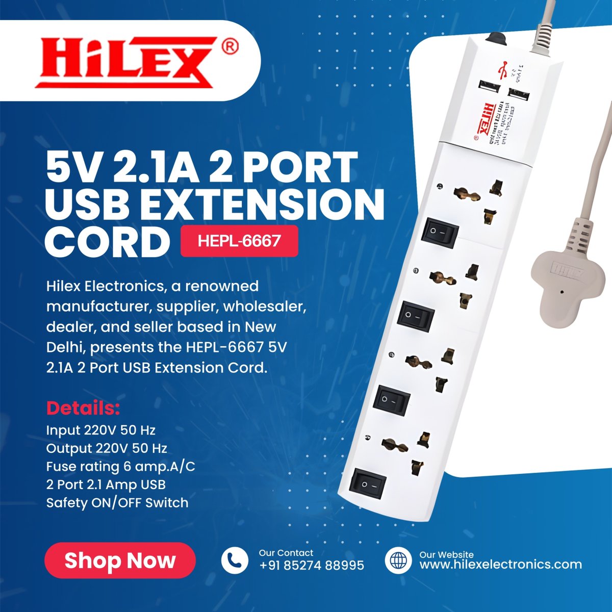 Elect85071Hilex's tweet image. Power more, worry less. The HiLEX HEPL-6667 Extension Cord is the ultimate power hub for your home or office. 

🛒 Shop Now: hilexelectronics.com
📞 Contact us: +91 85274 88995

#HiLEX #PowerStrip #USBExtension #SmartHome #Electronics #TechSolutions #NewDelhiBusiness