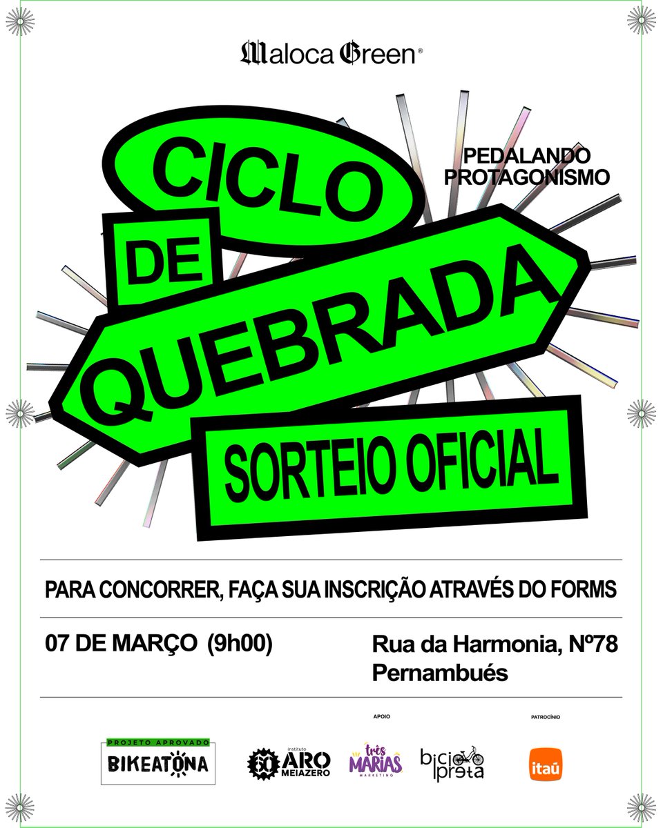malocagreen's tweet photo. Salve Maloca! 
Dia 7/03 tem Ciclo de Quebrada em Pernambués! 🚲
Oficinas de mecânica, customização + graffiti, leis no trânsito, feijoada comunitária e sorteio de 1 bike + 2 capacetes!
📍 Rua da Harmonia, 78
🕘 A partir das 9h
📝 Inscreva-se: https://t.co/VHYFt9QIsJ

Vamo!💚 https://t.co/k7SEJqASAJ