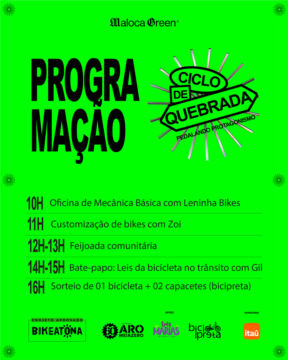 malocagreen's tweet photo. Salve Maloca! 
Dia 7/03 tem Ciclo de Quebrada em Pernambués! 🚲
Oficinas de mecânica, customização + graffiti, leis no trânsito, feijoada comunitária e sorteio de 1 bike + 2 capacetes!
📍 Rua da Harmonia, 78
🕘 A partir das 9h
📝 Inscreva-se: https://t.co/VHYFt9QIsJ

Vamo!💚 https://t.co/k7SEJqASAJ