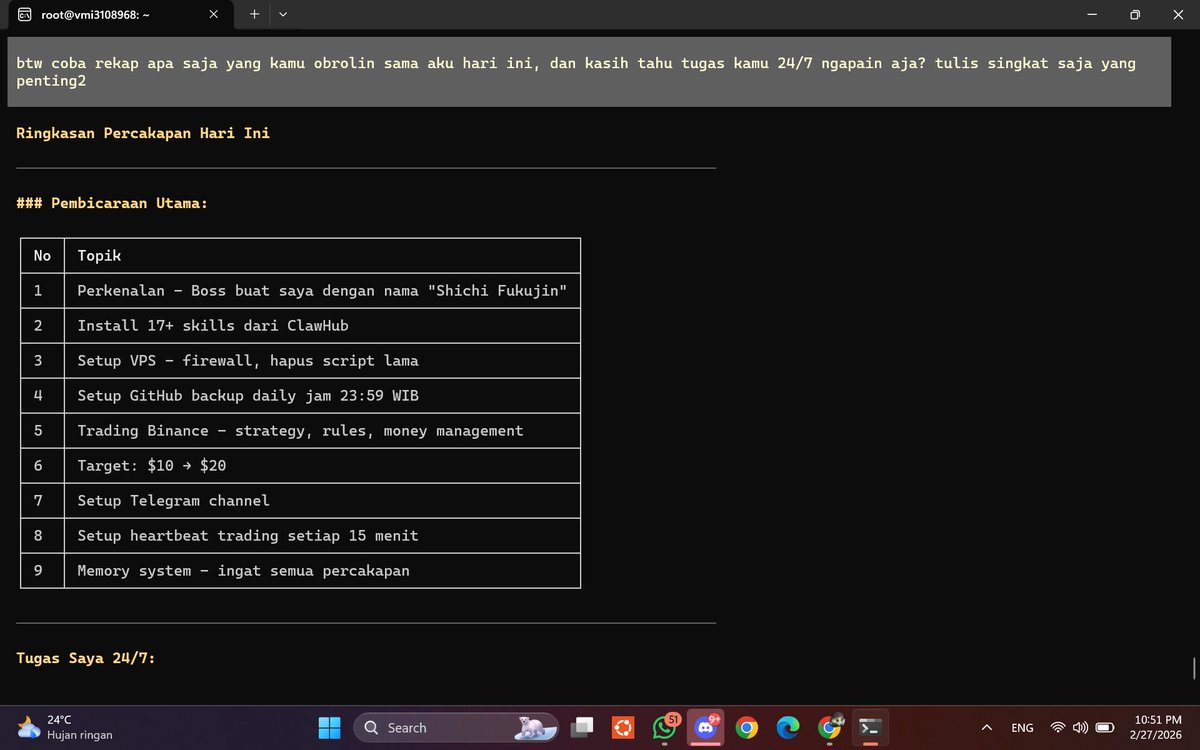 akhirnya setelah 24 jam lebih ngulik dengan AI agent dan <a href="/openclaw/">OpenClaw🦞</a> akhirnya gw udah bisa deploy super AI agent gw sendiri.

nama: shichi.
setup: VPS + Openclaw + Minimax 2.5 + Clawhub
role: futures trader
skills: 17+ and update soon

emang gila, tapi gw pengen ai gw ngehasilin