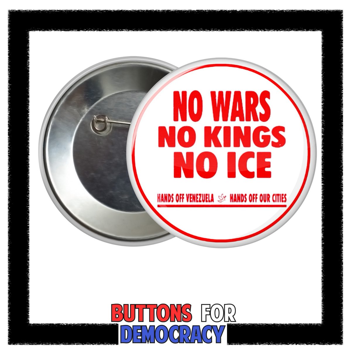 Two Friends
Friend 1: NO KINGS is March 28th, are you going?
Friend 2: Yeah, with a group, wanna come?
Friend 1: Sure, what'll we wear?
Friend 2: I'm ordering a bunch of buttons for us all at buttonsfordemocracy.etsy.com
Friend 1: I'm in!