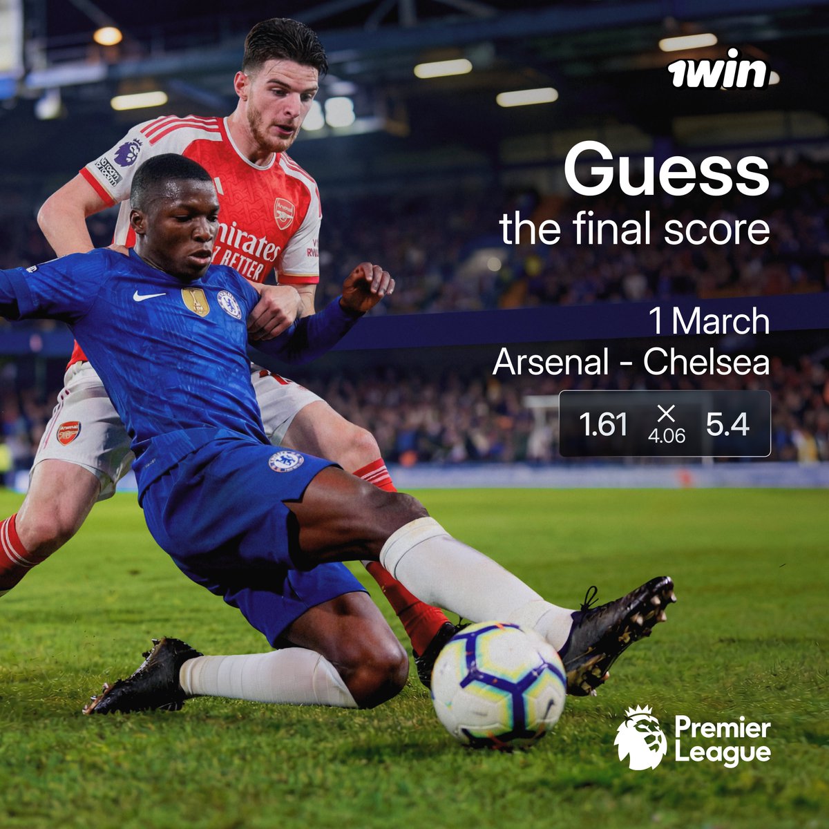 Arsenal take on Chelsea in a thrilling, high-stakes clash! Will Bukayo Saka lead Arsenal to victory or can Chelsea hold their ground? 

Guess the final score in the comments and include your 1win ID. A random correct guess wins 30 USDT.