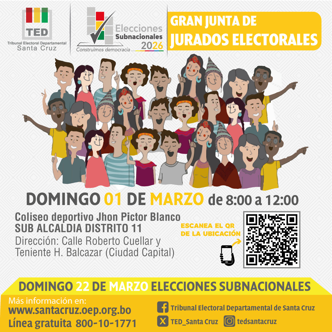 📢✨ El TED, a través del SIFDE, invita a todos los jurados electorales a participar en la Gran Junta de Jurados rumbo a las Elecciones de Autoridades Políticas Departamentales, Regionales y Municipales 2026. 🗳️🇧🇴
¡Contamos con tu responsabilidad y vocación de servicio!
#TEDSC