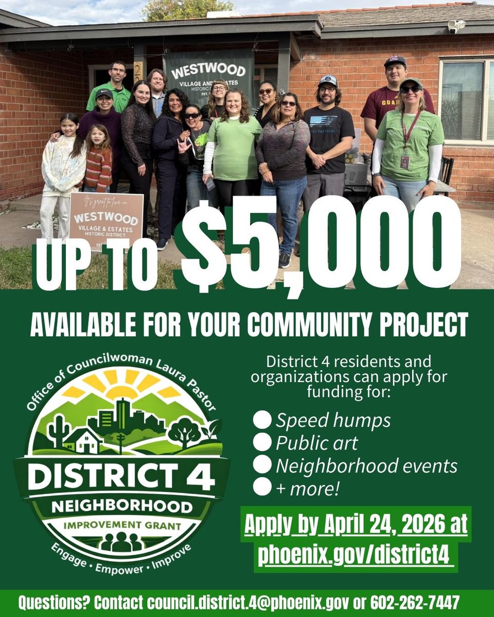 Great ideas start in our neighborhoods, and District 4 community members and organizations can receive funding to help bring them to life.

Apply for up to $5,000 through the District 4 Neighborhood Improvement Grant to support community-led projects like beautification efforts,