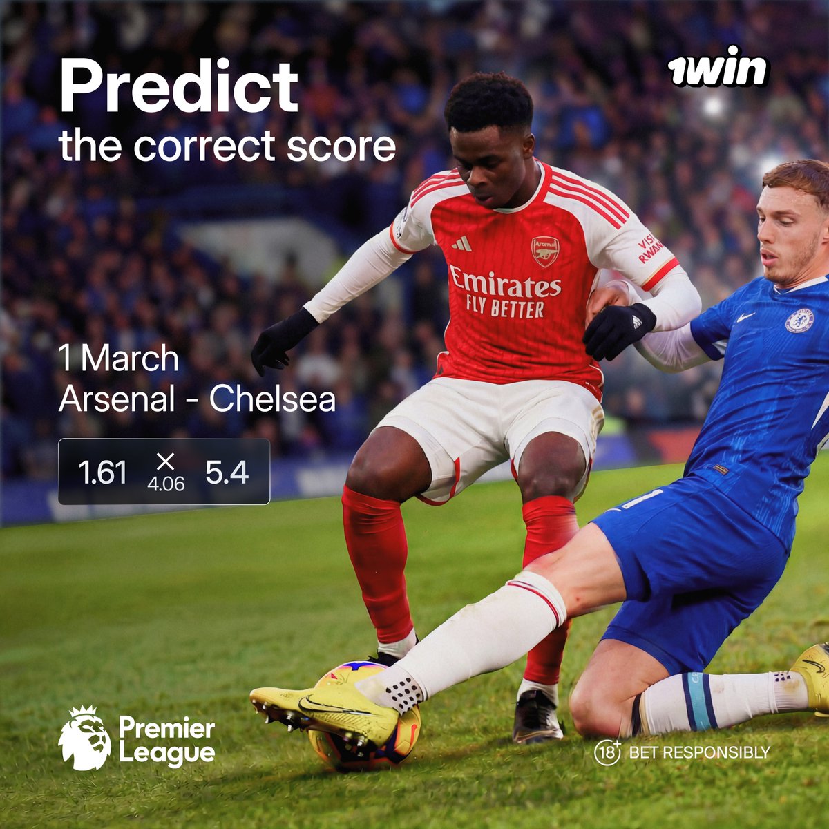 Arsenal take on Chelsea in a thrilling, high-stakes clash! Will Bukayo Saka inspire Arsenal to victory, or can Chelsea stand firm? 

Predict the final score in the comments and include your 1win ID. 

One randomly selected correct prediction wins 70 000 NGN.