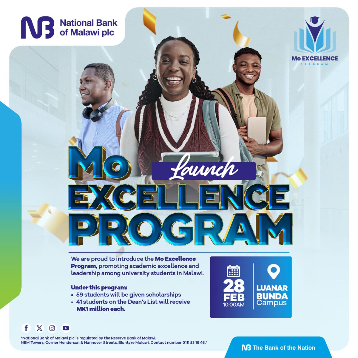 Kenneth03Mw's tweet photo. The MO EXCELLENCE PROGRAM is happening tomorrow at LUANAR Bunda campus 🫵🔥

Launch is on 28 Feb 26 at LUANAR Bunda Campus, 59 students will be given scholarships and 41 Dean’s List students will each receive MK1 million.

#MOExcellenceProgram
#BankOfTheNation https://t.co/7dgAEd10XV