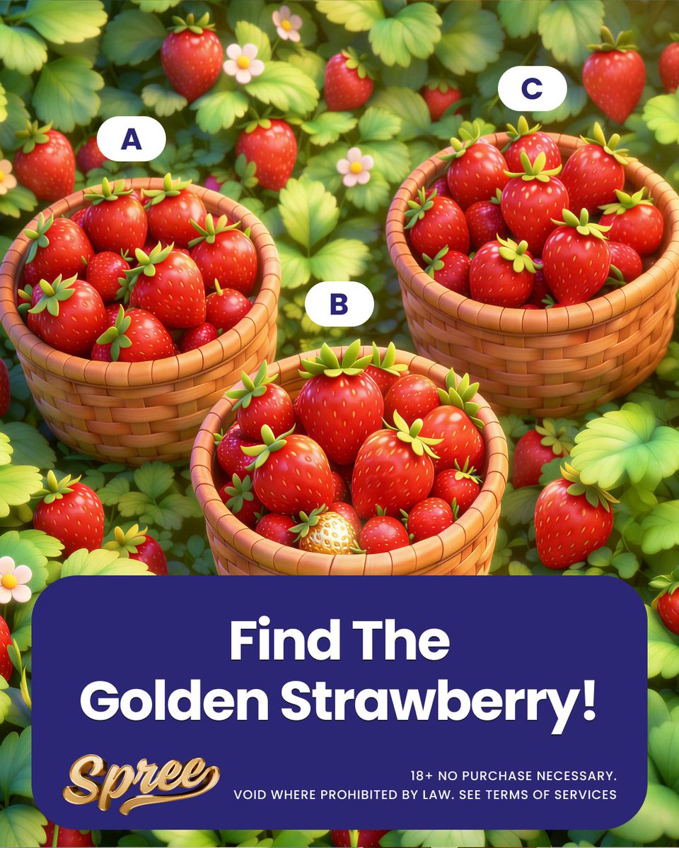 🍓 It's  National Strawberry Day! ✨

Can you spot the Golden Strawberry? 👀 Look closely and drop A, B or C in the comments.

🎁 A few lucky players will win 20,000 GC + 20 SC.

Play Spree win.spree.com/spree-x 🎰

📣 Competition ends Mar 6 2025, 11:00am PT. Winners will be