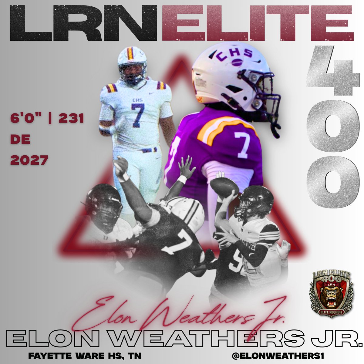 🚨 Welcome to the LRN Elite 400 🚨

2027 DE Elon Weathers Jr.
📍 Fayette Ware HS (TN)
📏 6'0" | 231 lbs

Physical defensive end with a strong motor and disruptive presence off the edge. Tough, aggressive defender continuing to develop at Fayette Ware.
Excited to support Elon
