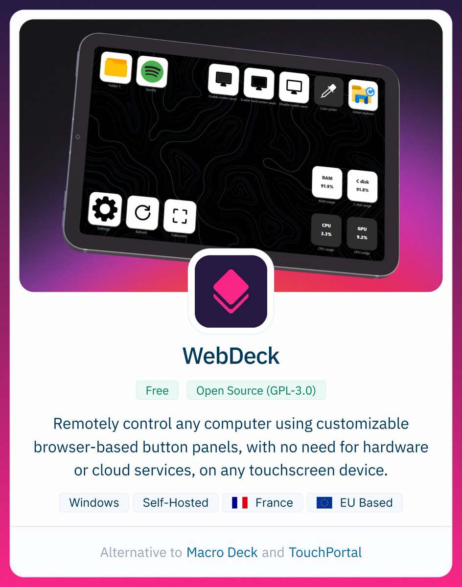 AlternativeTo's tweet photo. Want the Elgato Stream Deck experience without spending a dime? Say no more. Turn any phone, tablet, or browser into a customizable button panel for hotkeys, macros, and app controls, completely free and on your own device https://t.co/uXxy2A0W1m