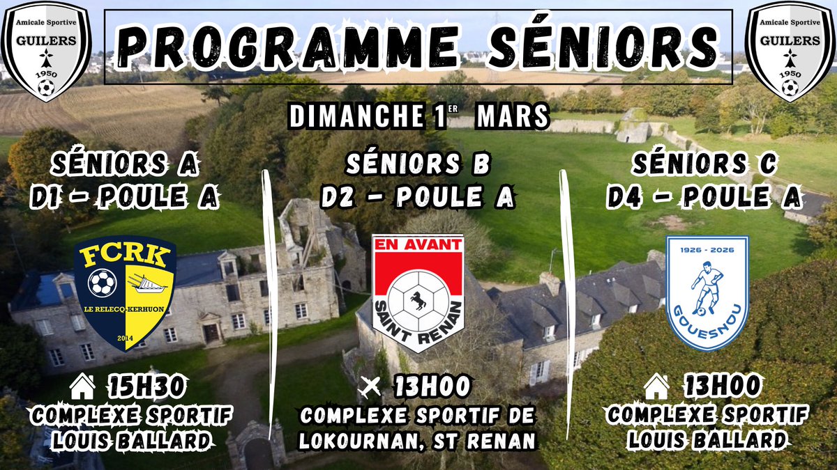 𝕻𝖗𝖔𝖌𝖗𝖆𝖒𝖒𝖊 𝖉𝖚 𝖉𝖎𝖒𝖆𝖓𝖈𝖍𝖊 𝖕𝖔𝖚𝖗 𝖑𝖊𝖘 𝕾𝖊𝖓𝖎𝖔𝖗𝖘

Bon match à vous tous messieurs ! 🤩

ALLEZ GUILERS 🖤🤍