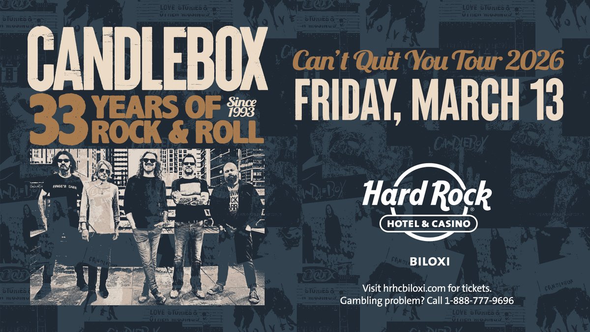 🔥 You can’t quit this deal 🔥

🎸 Candlebox – Can’t Quit You Tour
📍 Hard Rock Biloxi
📅 March 13, 2026

🎟️For a limited time, tickets are 20% OFF — don’t miss your chance to see Candlebox live and loud. Use code CBOX20 before selecting tickets to claim!
bit.ly/4rHQSkl