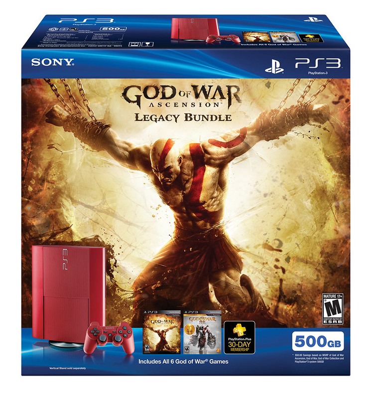 The Limited Edition God of War: Ascension Legacy Bundle (2013)

- 500GB Garnet Red Super Slim PS3
- God of War: Ascension
- God of War Saga (which includes all five of the previous games from the franchise) 
- 30-day PlayStation Plus trial membership