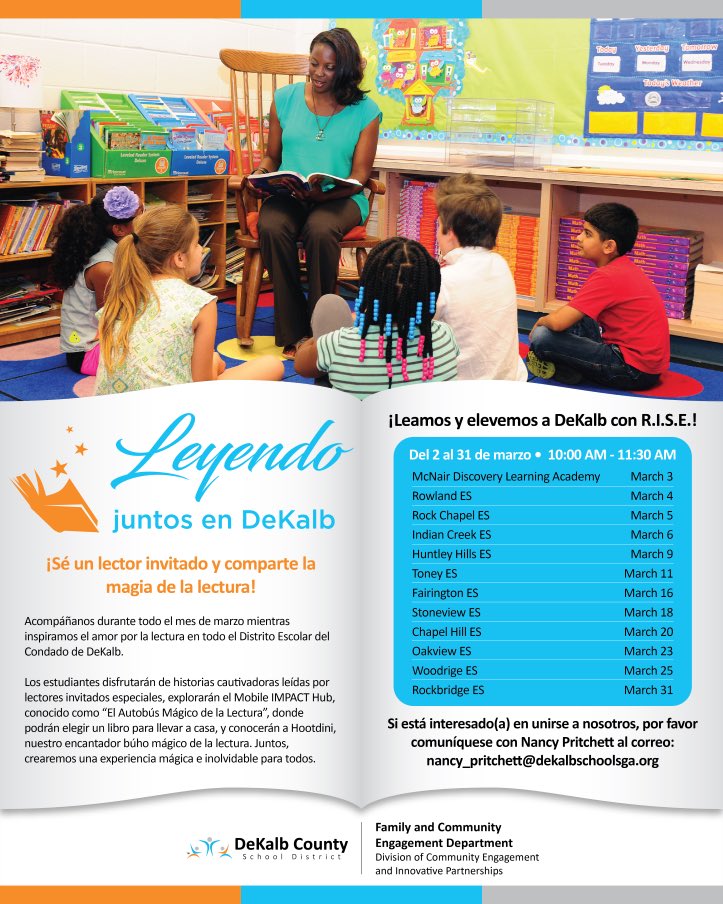 DeKalbSchools's tweet photo. 📚✨ Let’s Read and R.I.S.E., DeKalb!

March 2–31, we’re inviting community members to step into #DCSD classrooms as Guest Readers and help spark a love of reading.

📖 Guest read-alouds
🚌 Mobile IMPACT Hub
📚 Books students can take home

This is #TheDeKalbVillage showing up for children.

Interested?
nancy_pritchett@dekalbschoolsga.org

#ReadAcrossDeKalb #ForwardTogether #TheDeKalbDifference💙🧡