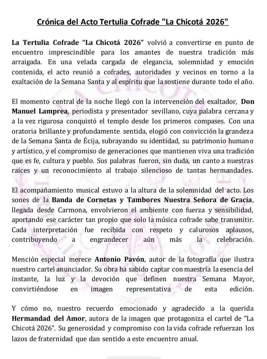 ChicotaEcija's tweet photo. 𝐂𝐫𝐨́𝐧𝐢𝐜𝐚 #𝐂𝐡𝐢𝐜𝐨𝐭𝐚́𝐄𝐜𝐢𝐣𝐚𝟐𝟔 

Este es nuestro agradecimiento público y sincero. Nuestro acto no habría sido el mismo sin quienes supieron darle alma, voz e imagen.

Porque cuando la música suena, la palabra emociona y la imagen permanece, el recuerdo es eterno. https://t.co/0BaiHQweoP