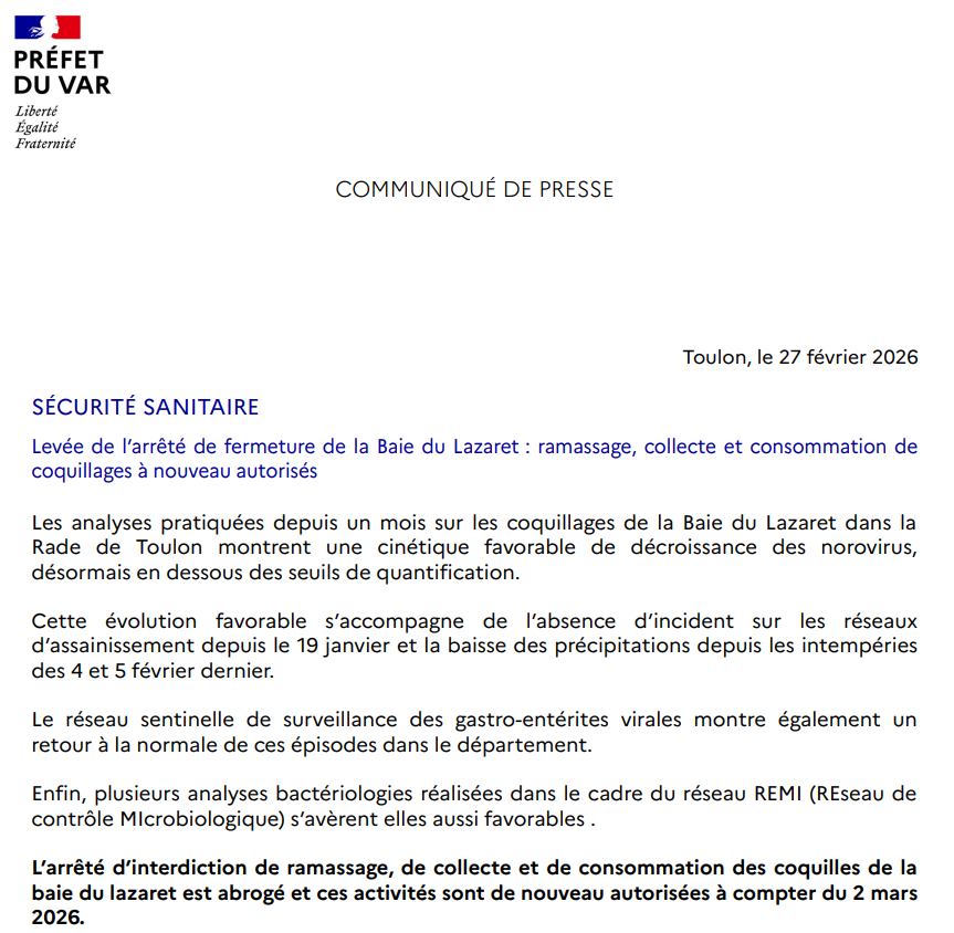 Prefet83's tweet image. #SécuritéAlimentaire | 🟢Levée de l'arrêté de fermeture de la baie du Lazaret dans la Rade de Toulon.
✅Le ramassage, la collecte et la consommation des coquillages sont à nouveau autorisés.
Le communiqué de la préfecture du #Var ⤵️