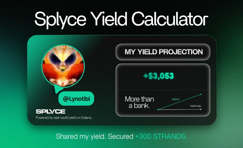 Lynotibi's tweet photo. Just tested the real-world yield calculator from @SplyceFi.

My numbers came out +2,928.23% higher than leaving it in a bank.

Check yours: https://t.co/VMCPXNf2Rc https://t.co/fyyRBWfX7J