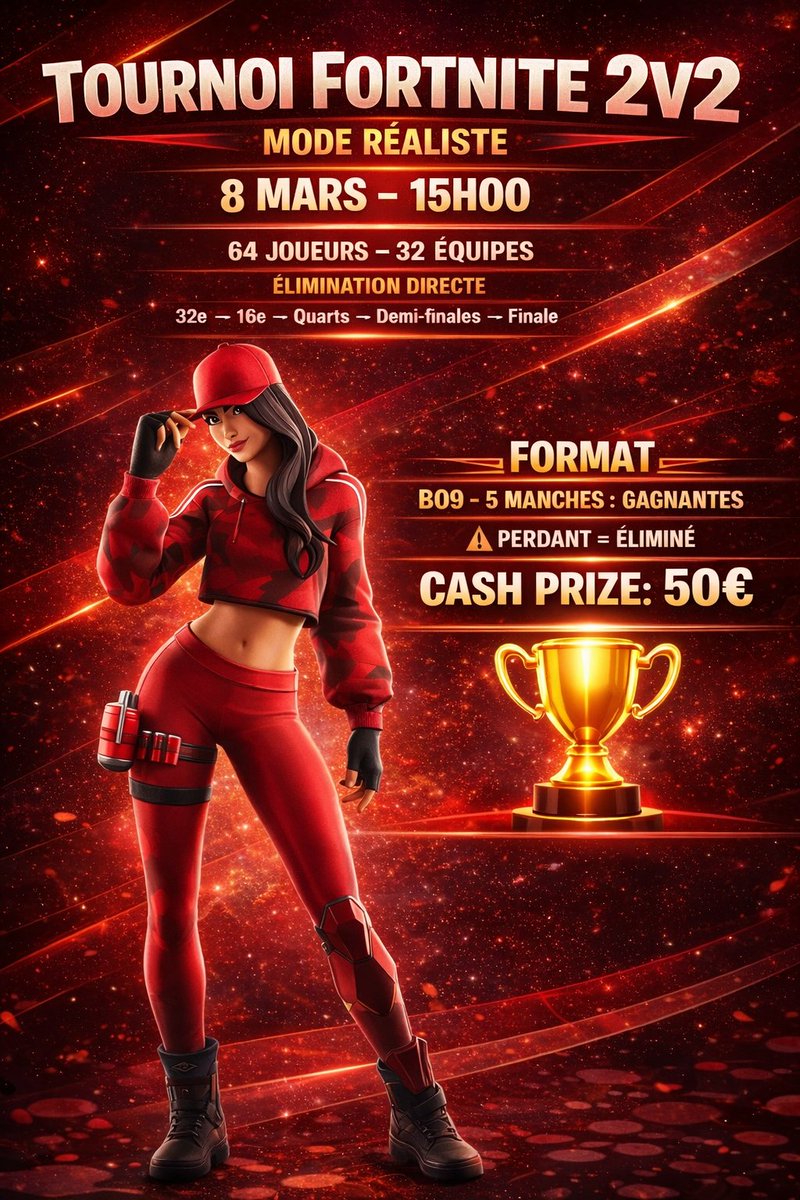 ArenallOff's tweet photo. 🔥 TOURNOI FORTNITE 2v2 – MODE RÉALISTE 🔥

📅 8 Mars – 15h00
👥 64 joueurs – 32 équipes
⚔️ Élimination directe :
32e ➝ 16e ➝ Quarts ➝ Demi-finales ➝ Finale
�� Format :
BO9 – 5 manches gagnantes
❌ Perdant = Éliminé
💰 Cash Prize : 50€
Ambiance explosive, format compétitif, zéro seconde chance.
Tu penses avoir le niveau ? 👀

Tag ton duo et prépare-toi à dominer le tournoi 🔥
#Fortnite #FortniteTournament #Esport #Gaming #2v2