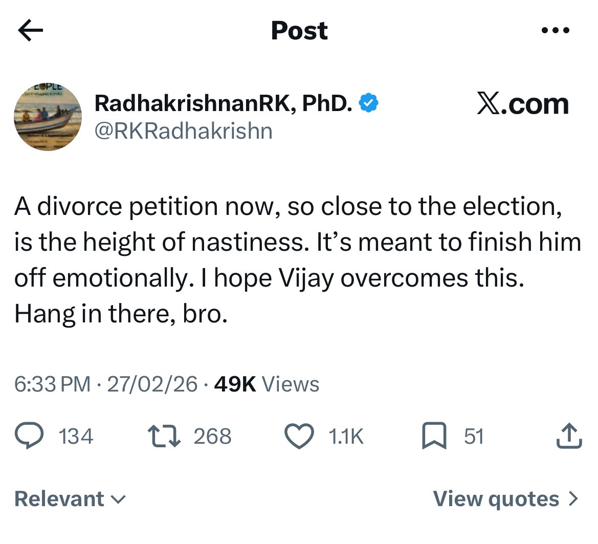 This divorce petition was filed on 03.12.2025. Senior journalist Dr. RK should get his facts right. 
Attributing political motives to a lady in marital distress is abominable
