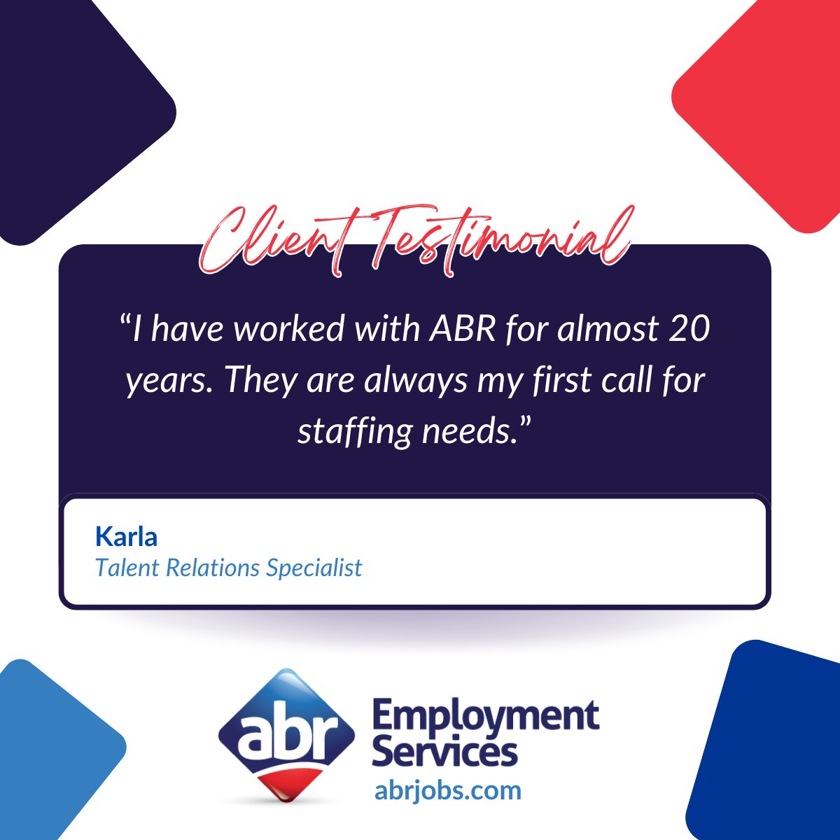 ABRjobs's tweet image. 20 years of partnership don’t happen by chance.
Long-term client relationships are built on consistency and results, and that commitment is exactly what earned ABR the 2026 Best of Staffing Diamond Award.
Work with us: ow.ly/oiZG50Ykz3G

#WorkforceSolutions #StaffingPartner