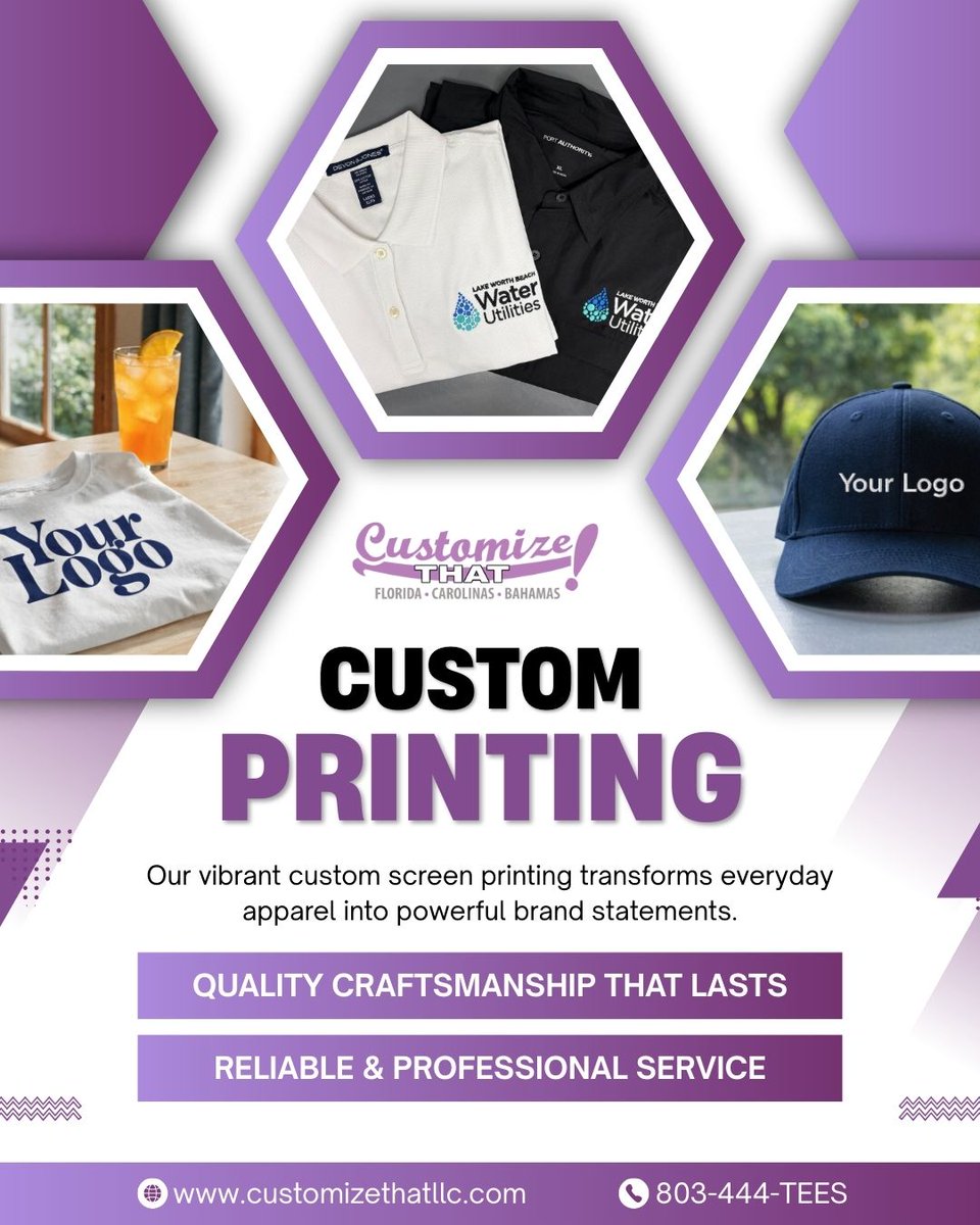 Customize_That's tweet image. From blank to branded, our vibrant custom screen printing brings your apparel to life with quality you can trust—call 803-444-TEES to get started! #CustomScreenPrinting #QualityCraftsmanship #LocalBusiness #ApparelDesign #SupportLocal #803444TEES
