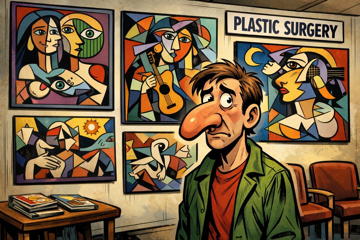 "I was going to have cosmetic surgery until I noticed that the doctor's office was full of portraits by Picasso."  --  Rita Rudner  [AI made this pic for my joke.  Wow.  Perfect.]  We particularly like first mortgages on junky little mobile home parks.  hubs.la/Q0445NZW0