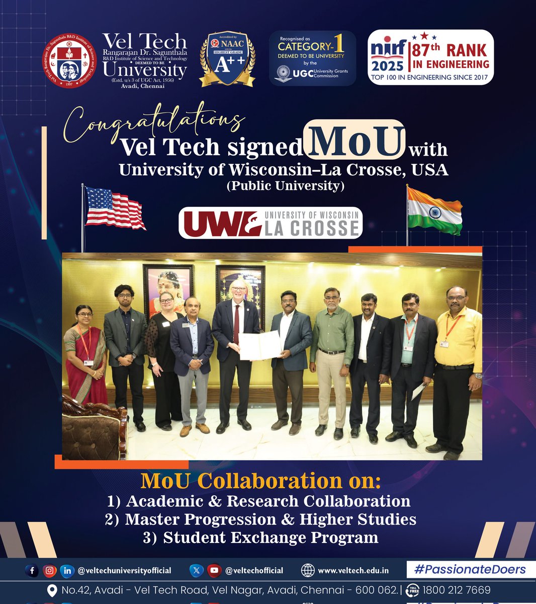 veltechofficial's tweet image. Vel Tech Rangarajan Dr. Sagunthala R&amp;amp;D Institute of Science and Technology proudly signed an MoU with University of Wisconsin–La Crosse, USA 🇺🇸

#VelTechGlobal #UWL #InternationalCollaboration #StudentExchange #HigherStudies #MoUSigning #PassionateDoers