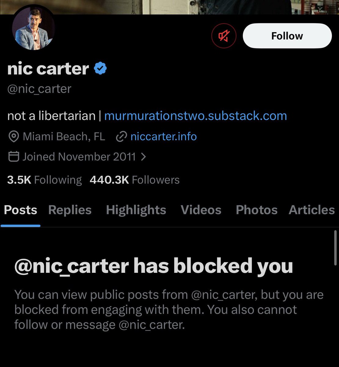 7 minutes between the tweet and the block. gotta be a new record for me.

actually pathetic behavior from nic carter. wants the US government to arrest people for refusing to make killbots yet is too much of a worm to take criticism.