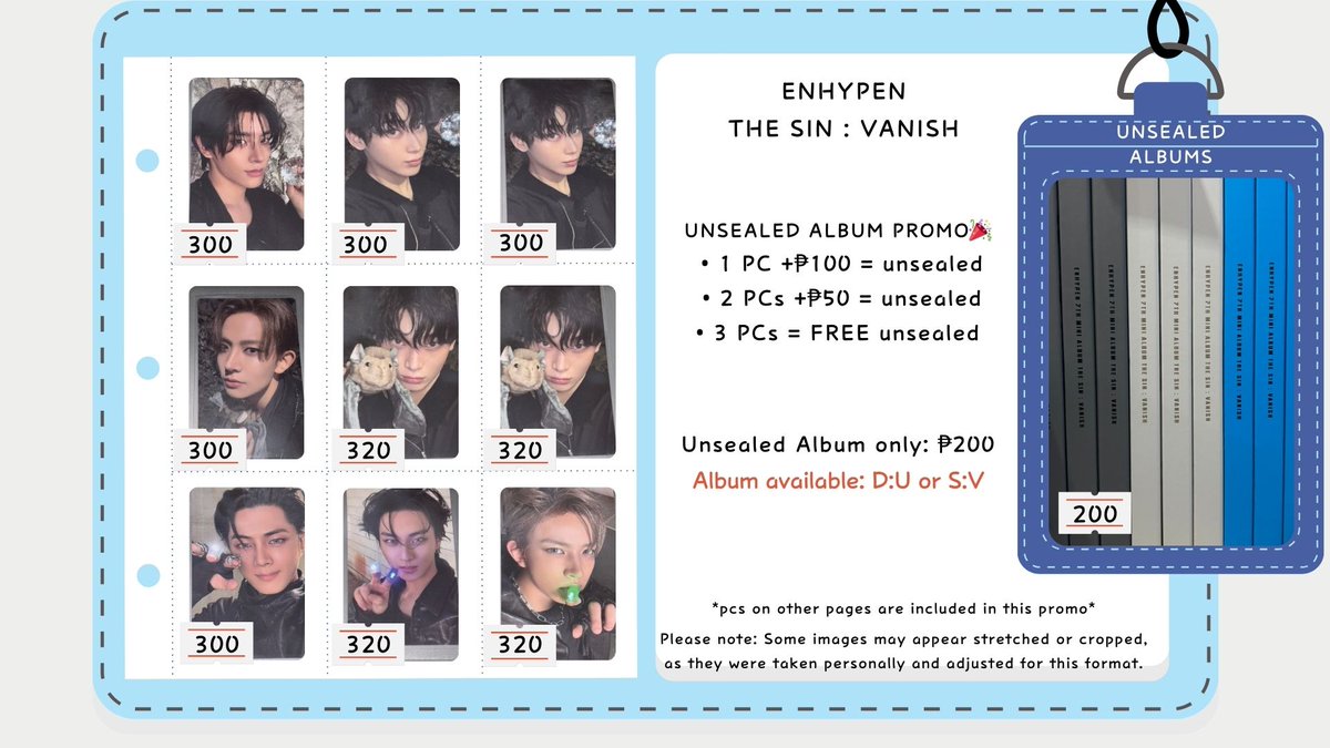 Lofvingyou's tweet photo. wts lfb!!!
ENHYPEN THE SIN:VANISH PCS!!!
prices tagged on the photo :)

- prio payo/ dop 1 week
- fresh pull/ mint condi
- loc: sjdm, bulacan

dm if inch!!! have d:u and r:udd pcs din if inch :)

🔖s:v sv hee niki jake sunoo jungwon jay won hoon sunghoon ni-ki heeseung on hand en https://t.co/dzmMHezX6m