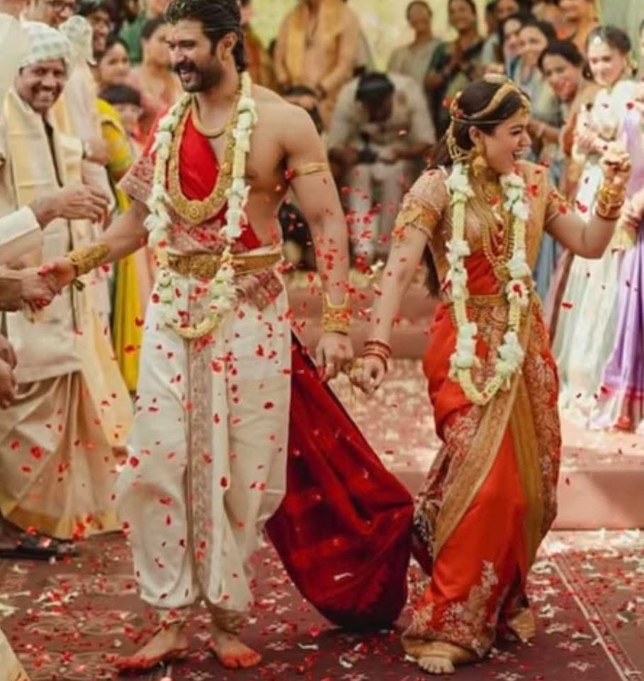 Vijay Deverakonda &amp; Rashmika Mandanna didn’t just attend an Indian wedding - they stepped out of a living fresco.

Silk, gold, intricate heritage draped with effortless grace. Regal, never loud. Traditional, never dated. Unapologetically Bharatiya.

And Vijay proved: a man can