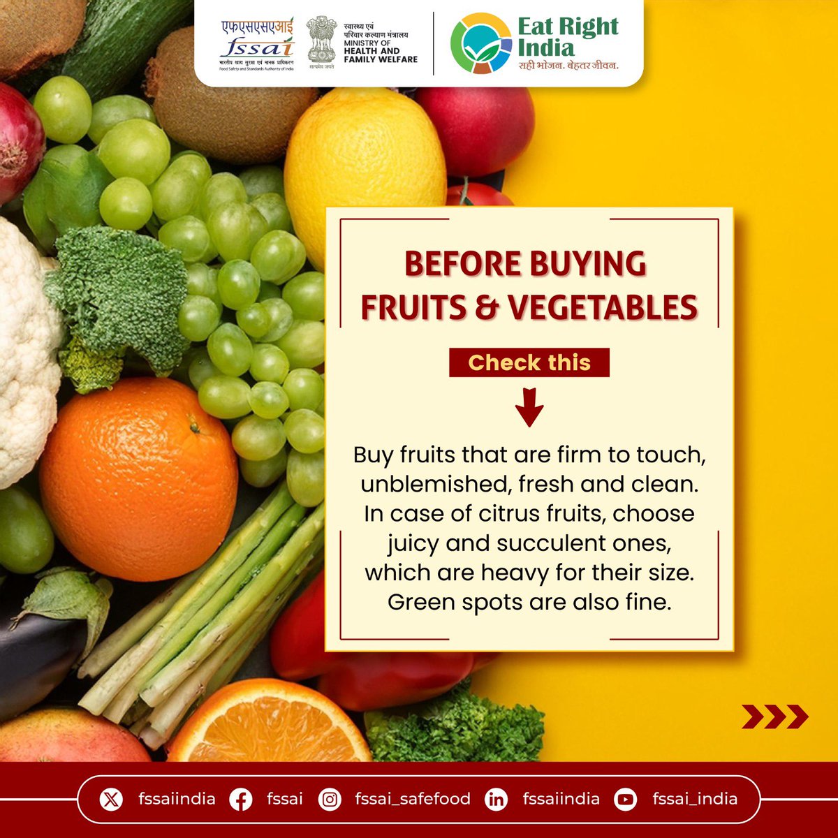 fssaiindia's tweet photo. The real test of fresh food begins before it reaches your kitchen.
Swipe for simple buying tips. 
#FSSAITips #EatRightIndia https://t.co/AOIgzeIMkn