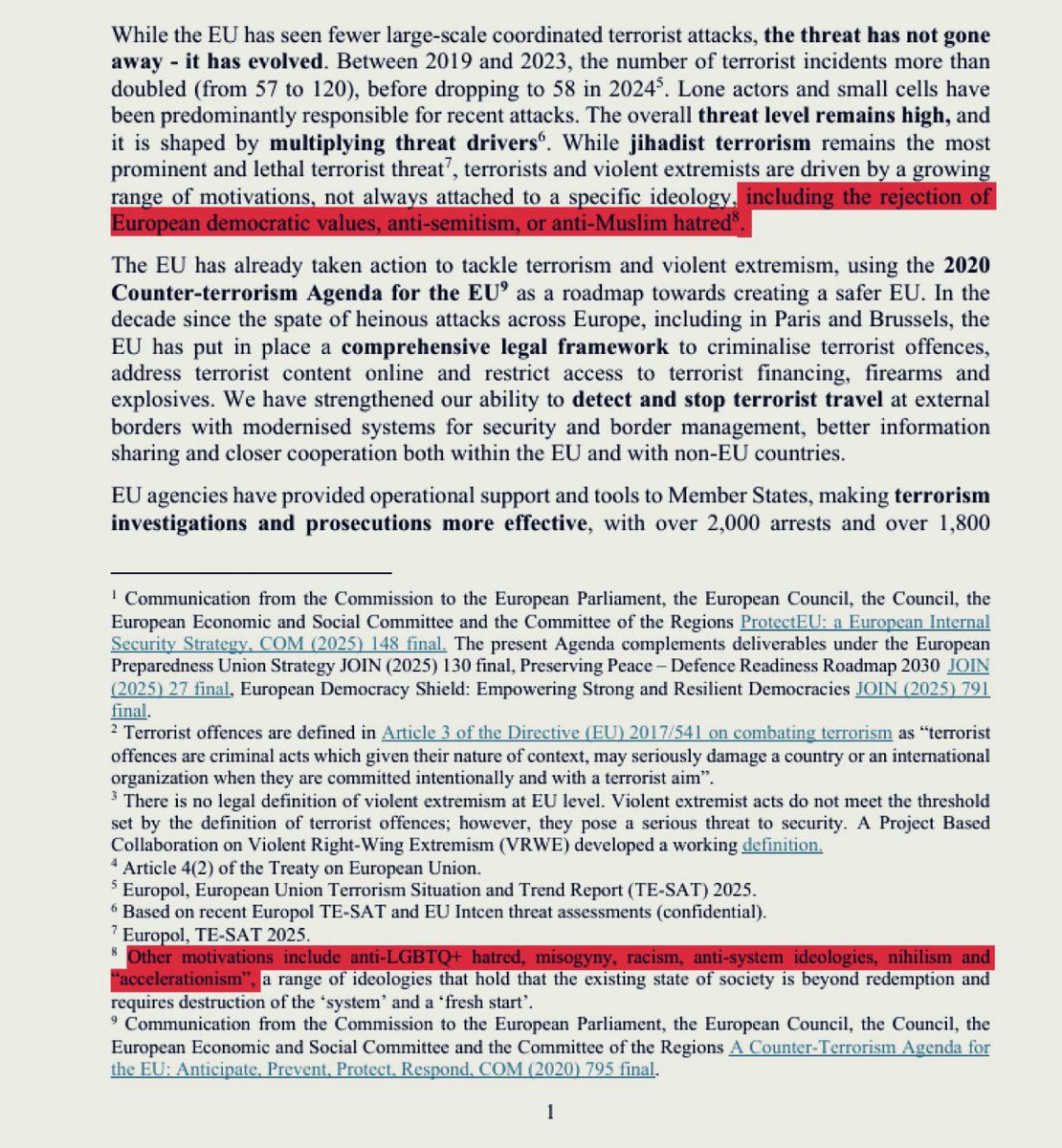 Dans son document stratégique intitulé “ProtectEU: Agenda pour prévenir et contrer le terrorisme”, l’UE considère que le rejet des “valeurs démocratiques européennes”, le rejet de l’idéologie lgbtqrstu, ainsi que la promotion d’idéologies anti-système et du nihilisme sont des