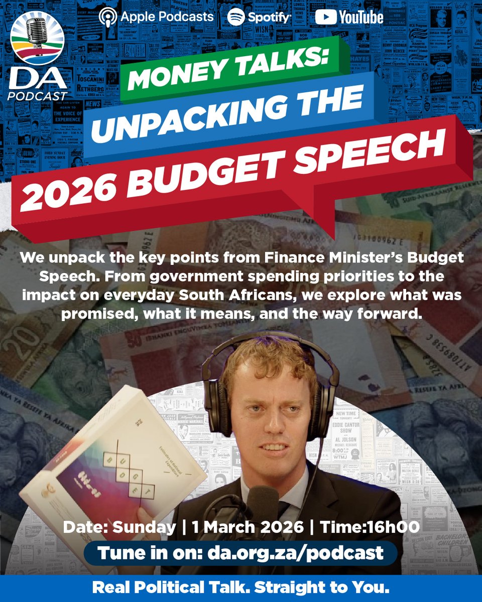 🎧 The Budget speech, explained Simply.

Dr Mark Burke joins the #DApodcast to unpack what the 2026 Budget means for your pocket.

Hosted by Angus Mackenzie, Donovan Nelson, and Nazley Shariff.

🗓 Sun, 1 March | ⏰ 16:00
🎙️ podcast.da.org.za