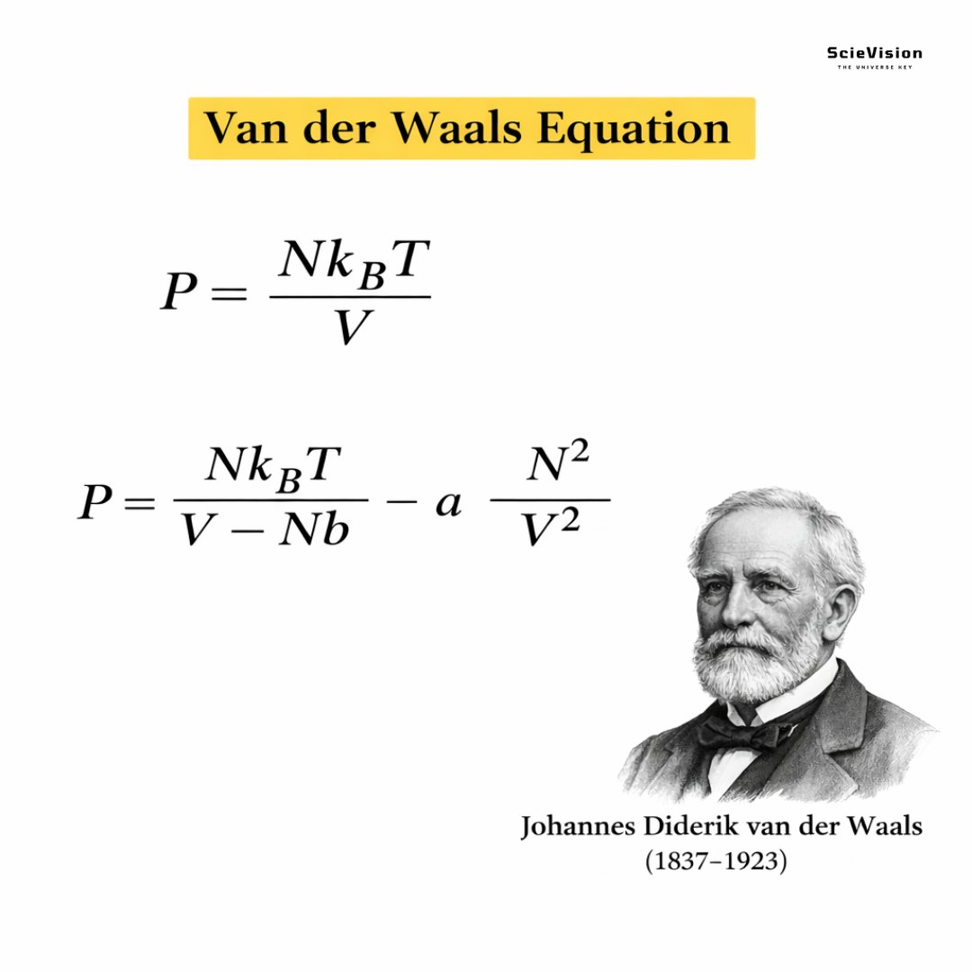 The Van der Waals equation ✍️

It is a more realistic version of the ideal gas law. It considers two physical factors: the size of gas molecules and the attraction between them. While simpler models treat gas particles as tiny points that occupy no space and never interact, the