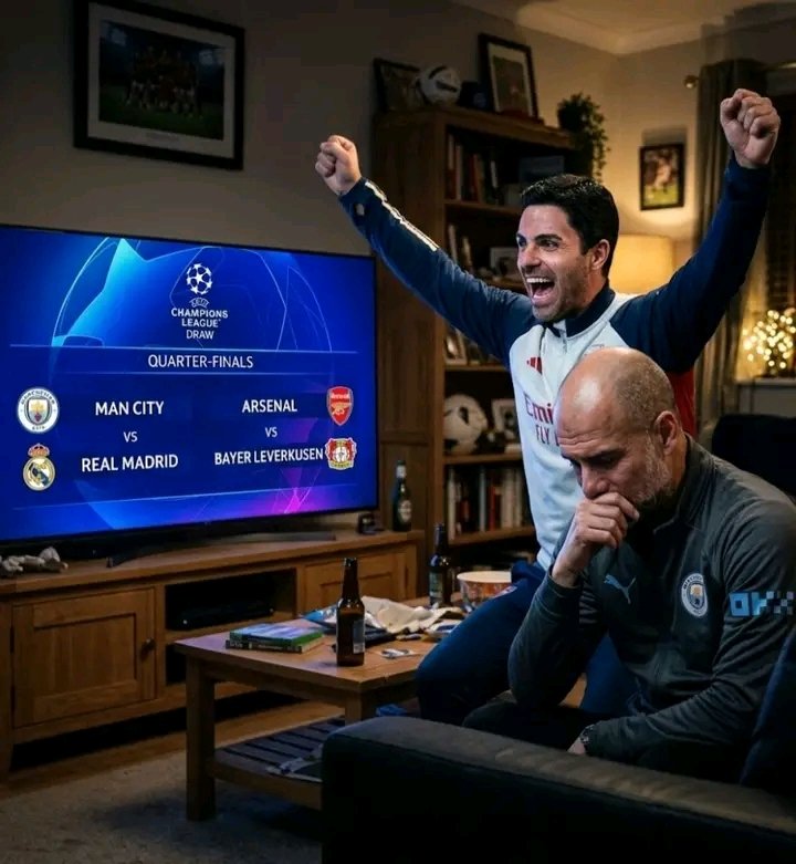 Mikel Arteta and Pep Guardiola reacting to the Champions League draw… <a href="/robertmarawa/">robertmarawa</a> #MSW