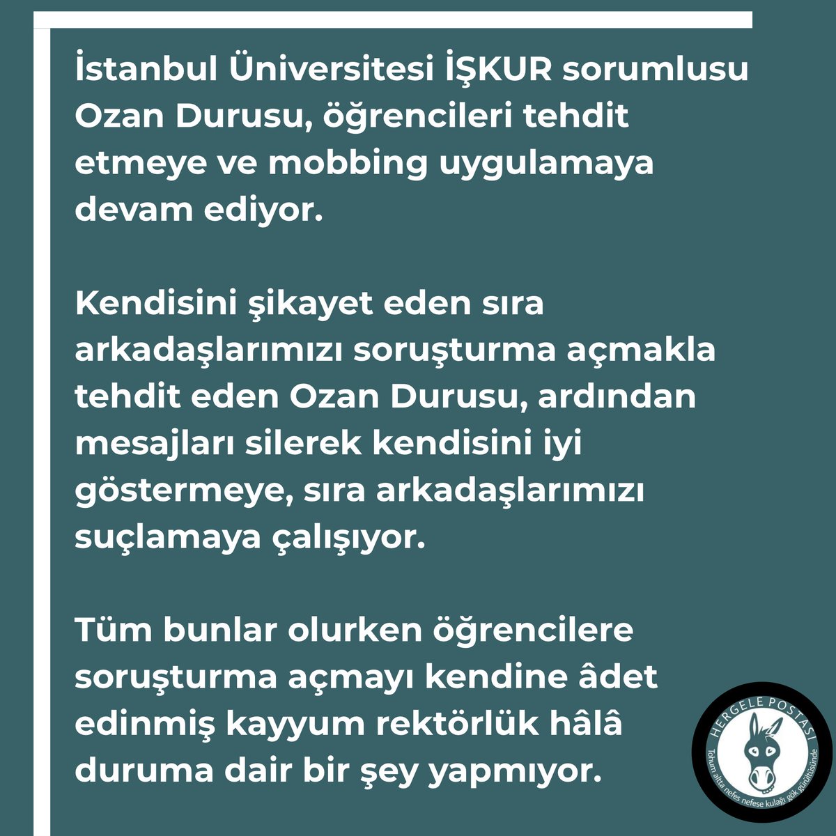 hergelepostasii's tweet photo. İstanbul Üniversitesi İŞKUR sorumlusu Ozan Durusu'nun sistematik mobbingini bir kez daha teşhir ediyoruz!

Üniversitelileri ucuz işgücü olarak kullanmanıza göz yummayacağız! https://t.co/AfwzBCCxm8