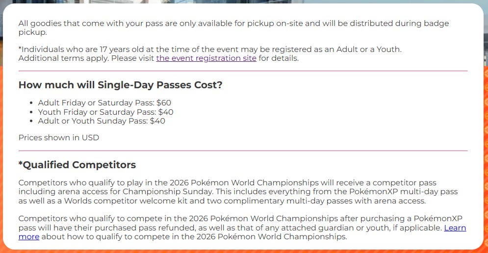 VGCVictoryRoad's tweet image. You can register to an interest list for Multi-Day Passes to #PokemonXP and the 🗺️ 2026 World Championships soon! #PokemonWorlds 

🗓️ 2 April at 5 pm PDT (3 April at 00:00 UTC)

An interest list for Single-Day Passes will be available in early summer!

🔗 registration.pokemon.com/flow/pokemon/2…