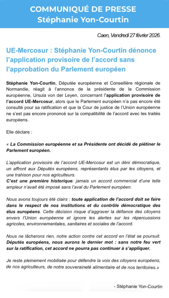 s_yoncourtin's tweet photo. 🚨 En plein SIA : une première historique, un affront à la démocratie 🇪🇺 et une trahison de nos agriculteurs !

La @EU_Commission et sa Présidente @vonderleyen ont décidé d’appliquer provisoirement l’accord UE-Mercosur… sans attendre la ratification du Parlement 🇪🇺 et l’avis de la CJUE ! 

Mais nous ne lâchons rien et restons pleinement mobilisés auprès de nos agriculteurs. Car c’est nous, parlementaires 🇪🇺, qui devons avoir le dernier mot : sans notre feu vert sur la ratification, cet accord ne peut pas continuer à s’appliquer. 

📢 Retrouvez mon communiqué👇