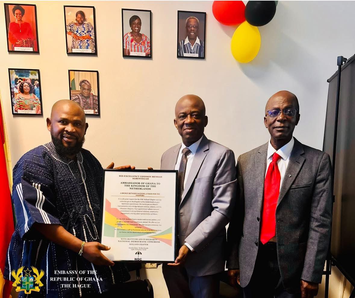 GhanaEmbNL's tweet photo. NDC Holland executives and members paid a courtesy call on Ghana’s Ambassador to the Netherlands, H.E. Eddison Mensah Agbenyegah, presenting him with a citation. They welcomed him and Deputy Prof. Emmanuel Netsey-Afedo and discussed collaboration to boost investment in Ghana. https://t.co/Qb0zD7oGPa