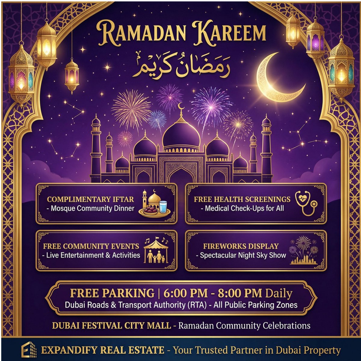 expandify_ae Free Things You Can Enjoy During Ramadan in the
UAE (2026)
Ramadan 2026 started on February 19, bringing a month of generosity, community spirit, and meaningful moments across the UAE. Here are some verified free benefits available for residents and visitors: