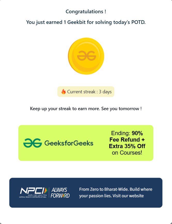 RealKumaraadi's tweet photo. #geekstreak60 challenge. day 1/60 #npci @geeksforgeeks @NPCI_NPCI https://t.co/tZyRTpgHml