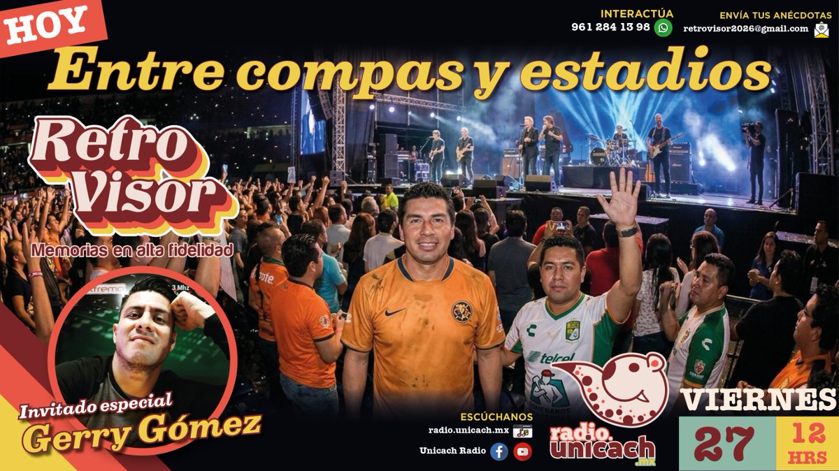 #Retro Visor
Tema: Entre compas y estadios.
Conduce: Dani Retro.
Invitado: Gerry Gómez.
radio.unicach.mx 12hrs