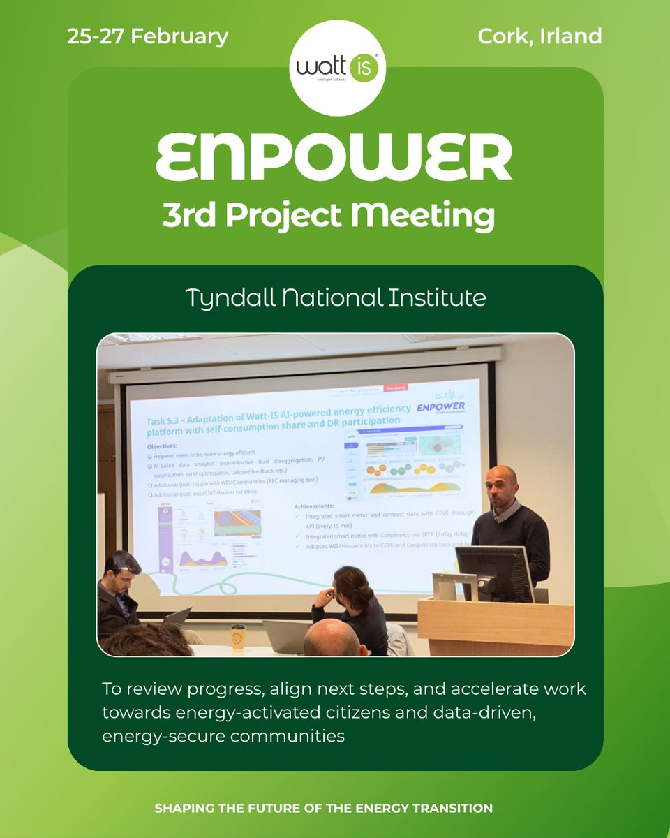 Watt_IS's tweet photo. From 25 to 27 February, the ENPOWER consortium has gathered in Cork.
Our CSO, Henrique Pombeiro, presented the Portuguese Pilot, highlighting how our AI powered energy efficiency platform is delivering measurable impact within energy communities.
#ENPOWER #EnergyCommunities #AI https://t.co/HDN0TFZbSn