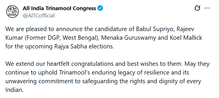 ANI's tweet photo. West Bengal | TMC announces the candidature of Babul Supriyo, Rajeev Kumar (Former DGP, West Bengal), Menaka Guruswamy and Koel Mallick for the upcoming Rajya Sabha elections. https://t.co/jcBRPOWS1H