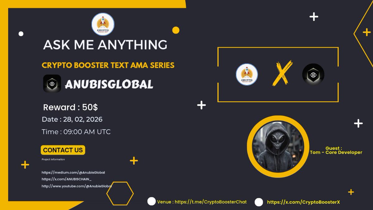 CryptoBoosterX's tweet image. #Text AMA Series With Anubis

📆Date &amp;amp; Time : 
28st Feb, 2026 at 9:00 AM UTC

🏨 Venue : t.me/CryptoBoosterC…

Rules:
1️⃣. Follow
@CryptoBoosterx &amp;amp; @ANUBISCHAIN_

2️⃣. Like Retweet &amp;amp; Comment Your Questions