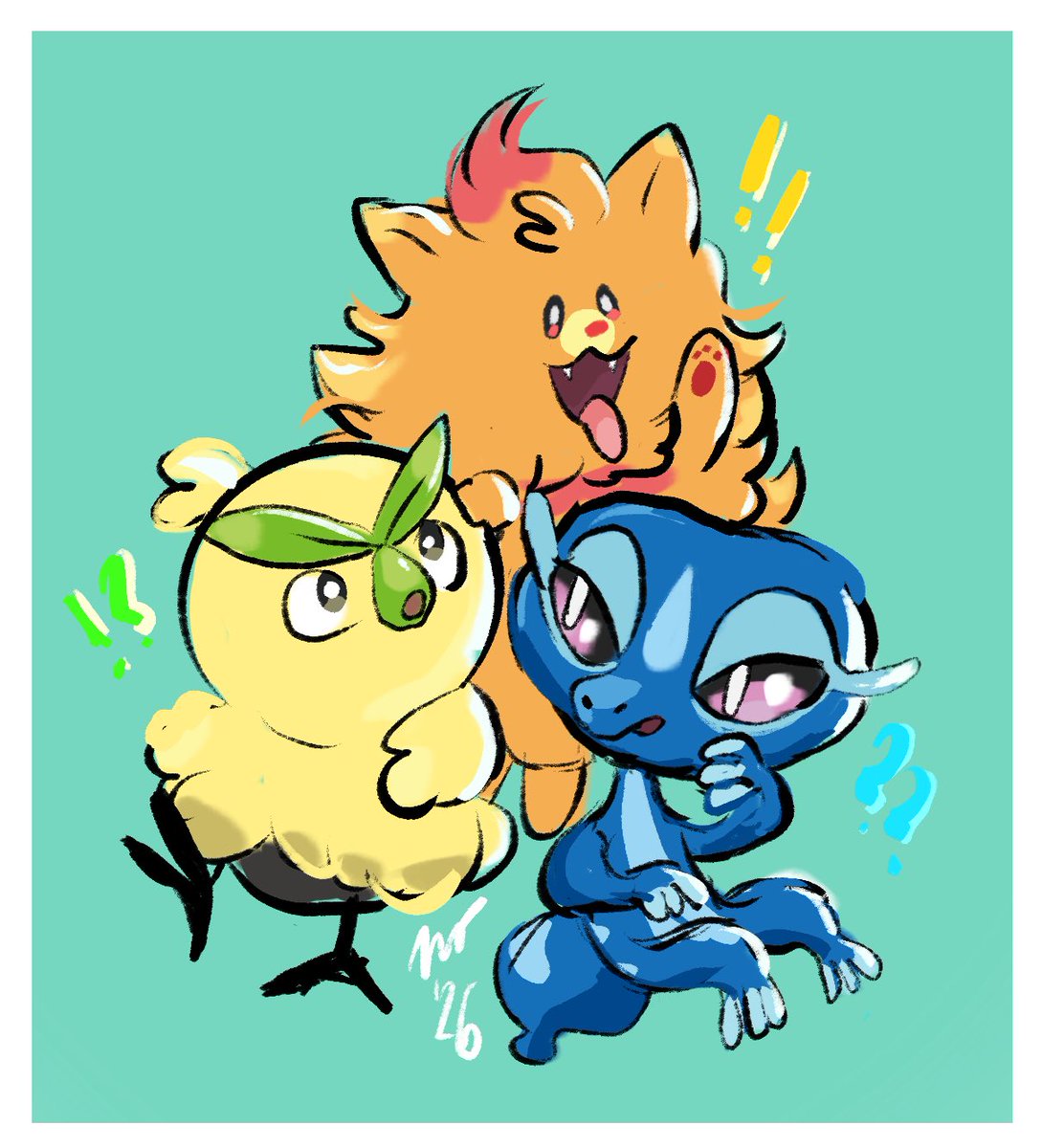 Quick lil doodle of the new reveal of the starters, I LOVE THEM ALL! 
Who’s your favorite?
#pokemon #pokemonwindsandwaves #art #fanart