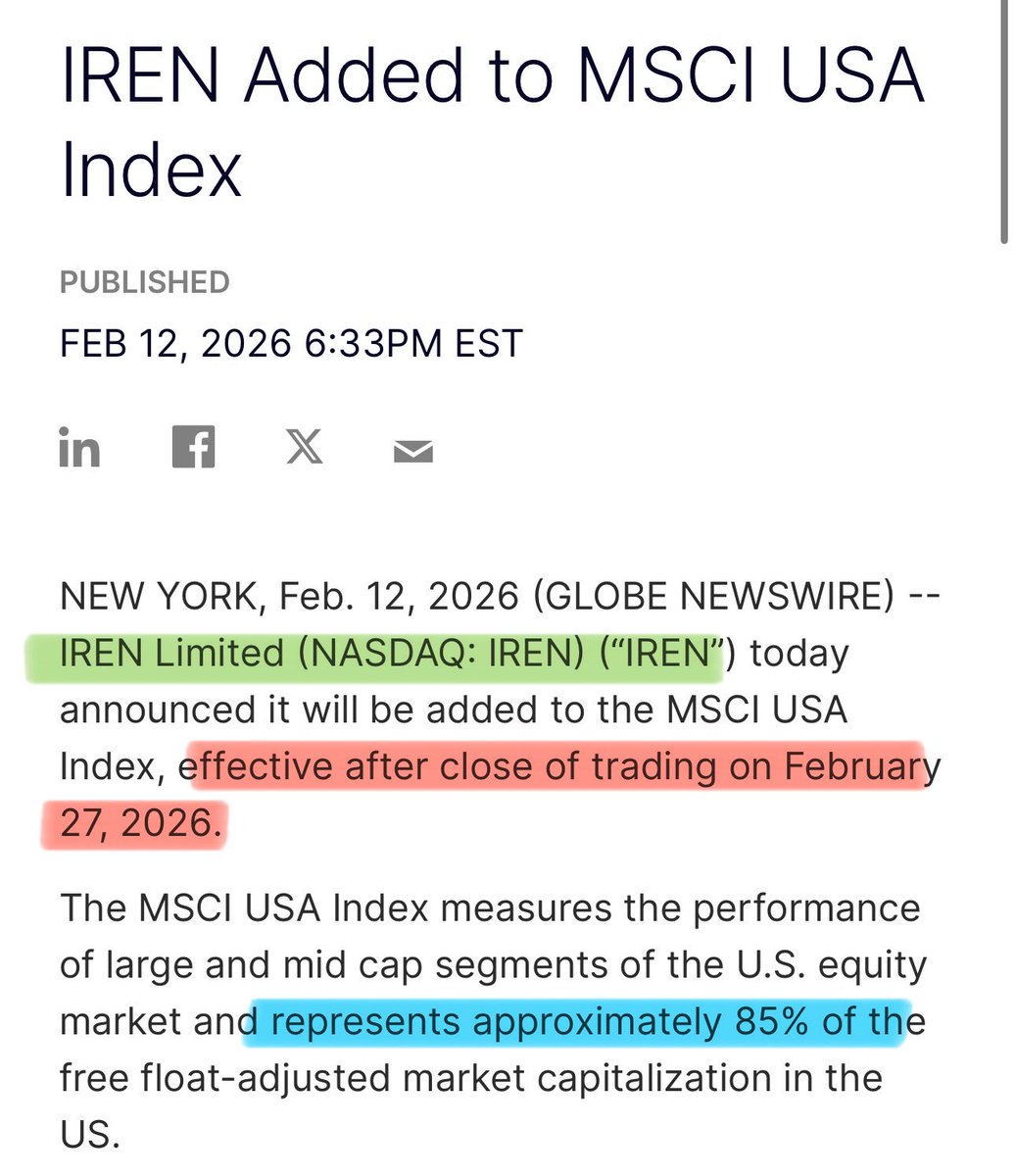 🤫 Pay attention.

$IREN is being added to the MSCI USA Index today.

This is not a rumor. This is not speculation.

This is institutional forced buying from TODAY.

Every fund that tracks the MSCI USA Index now HAS to own $IREN.

You don’t get added to an index that covers 85%