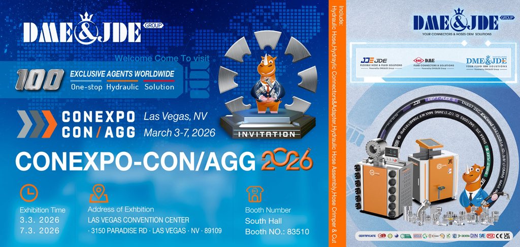 We’re thrilled to announce that DME&amp;JDE Fluid GROUP will be exhibiting at CONEXPO-CON/AGG 2026 in Las Vegas!
Visit us at:
South Hall – Booth 83510
March 3–7, 2026
Meet our team

◐ dmejde.com 

#CONEXPO2026 #DMEJDE #FluidConnectors #Hydraulics #ConstructionEquipmen