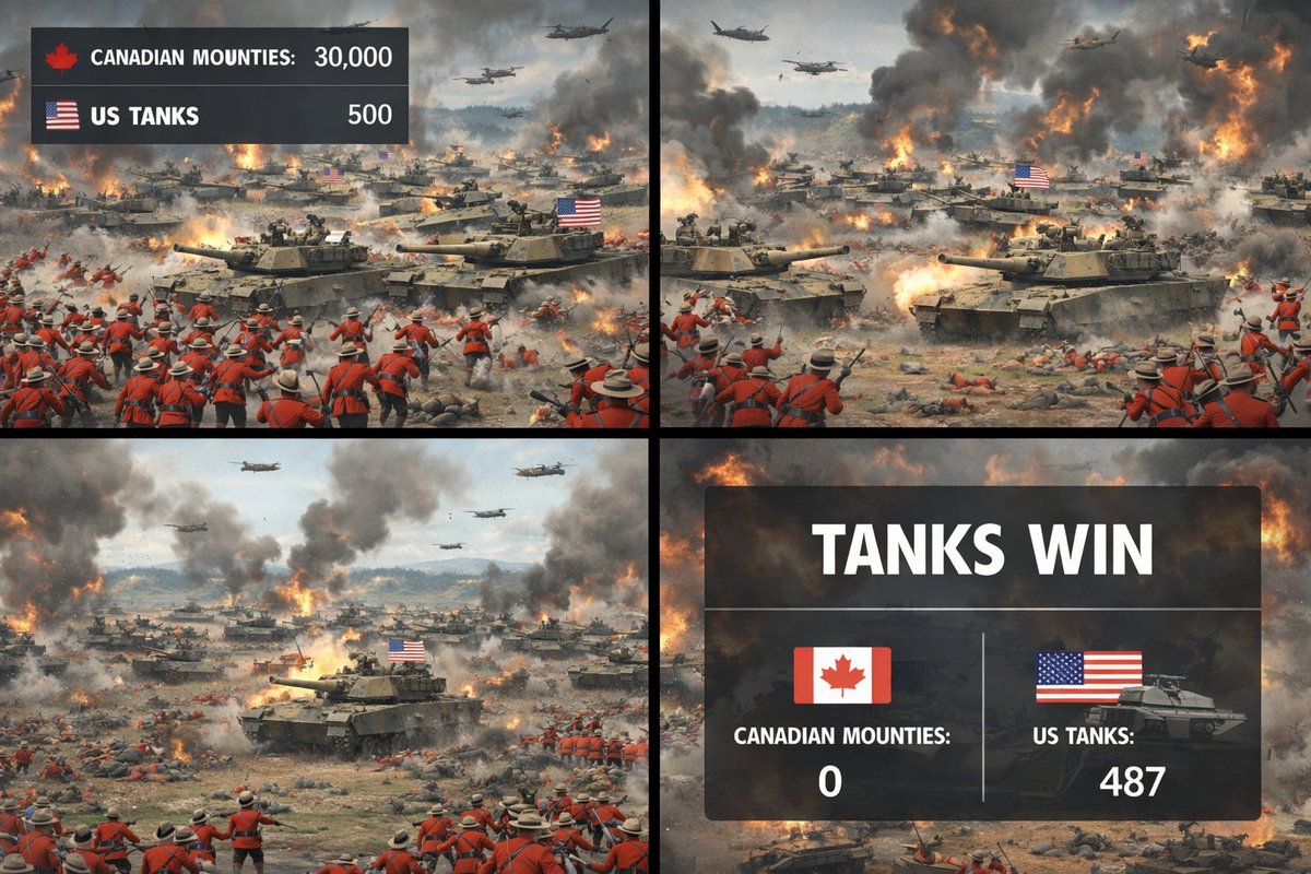 AAndrason's tweet photo. @Leafssssss88 I love this fake world people live in. Asked who would win, their 30000 mounties or 500 tanks for fun. Woukd take a few minutes to pull out the "vicotry". At no point would the US do that or threatened it. If thats our plan, we must be scared of the big bad canadians. https://t.co/fDMT3c0ZZZ