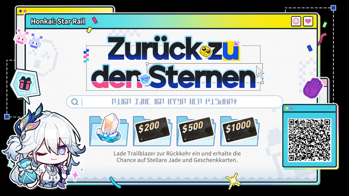 Lade rückkehrende Trailblazer ein, sich mit deinem Einladungscode zu verbinden und im Spiel anzumelden, um Stellare Jade, Geschenkkarten und andere Überraschungsbelohnungen zu gewinnen.

I NEED MY JADES