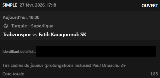 BET Match à 18h00⤵️

Match : Trabzonspor vs Fatih Kara' 
Tir cadré (2 ou +)
P.Onuachu

📊 <a href="/1/">1</a>.85

 ❤️ si tu suis

🟢 Match dispo' :
👉 is.gd/EjUeJQ👈 
👆 Jusqu'à 500€ OFFERTS (sous le code ACE500)

#TeamParieur #pronos
